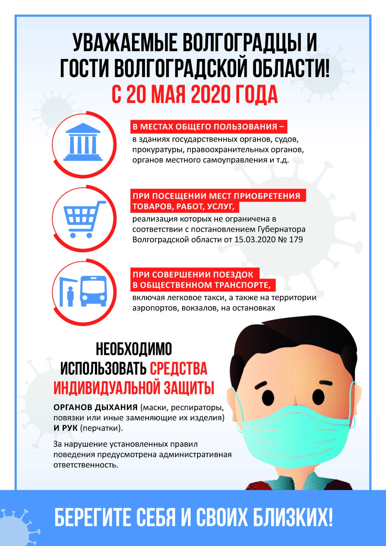 С 20 мая 2020 года в местах общественного пользования необходимо использовать средства индивидуальной защиты органов дыхания и рук